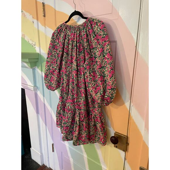 Zara Floral Babydoll Smock Mini Dress Pink Roses Ruffle Hem Size Large - Picture 8 of 12